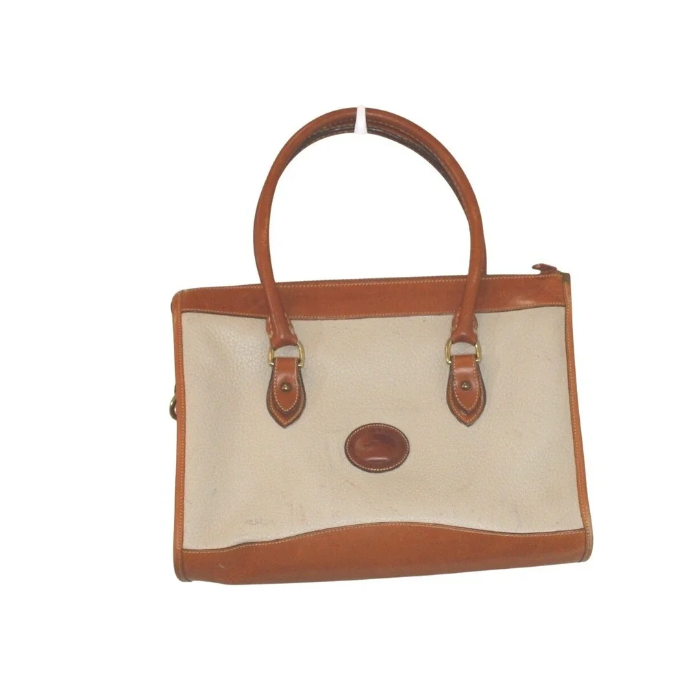VTG Dooney & Bourke satchel handbag pebbled leather cream tan USA w/ strap & fob